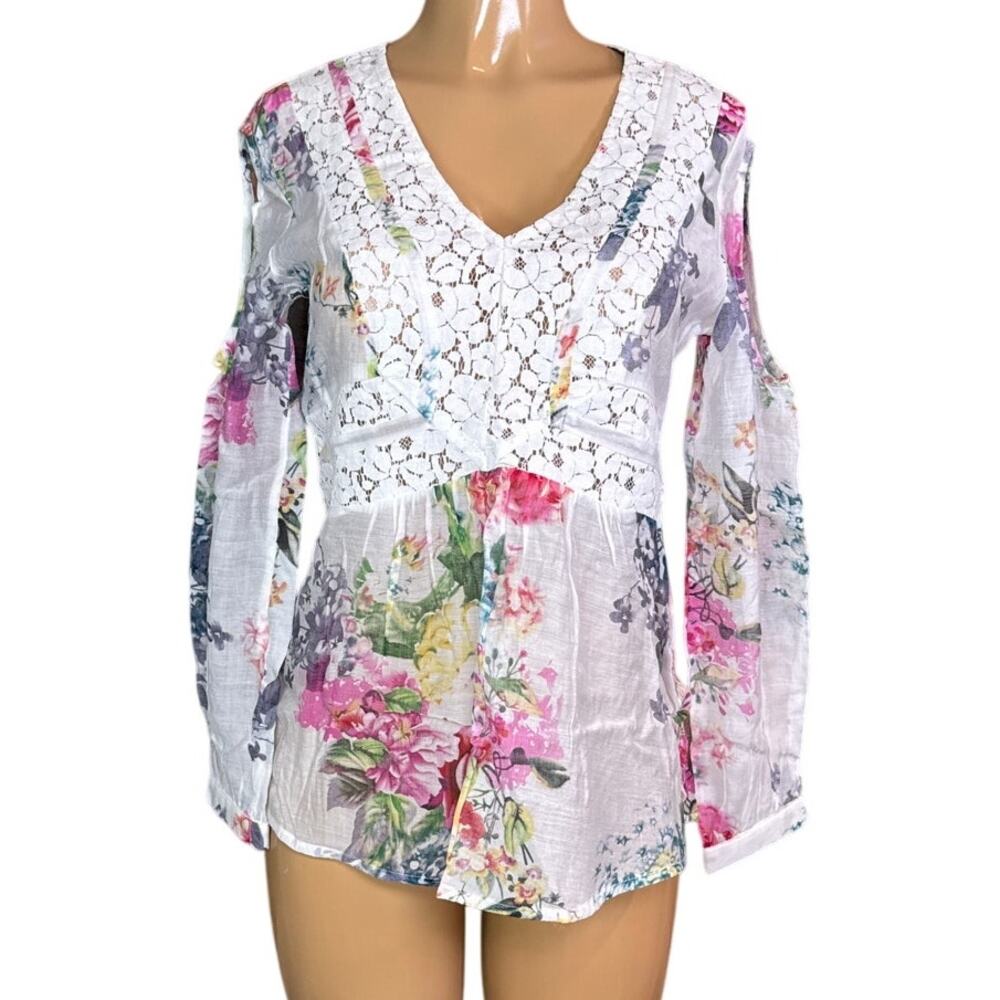 Cyrena White Floral Sheer Lace Inset Cold Shoulder Long Sleeve Top SZ Small